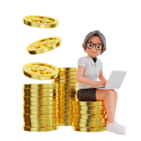 Businesswoman sit on the dollar coins  3D Illustration