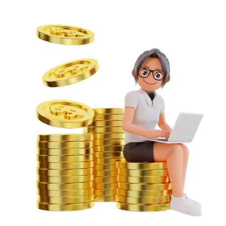 Businesswoman sit on the dollar coins  3D Illustration