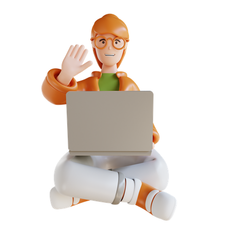 Business Woman Sitting Holding Laptop And Raising Hand  3D Illustration