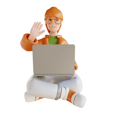 Business Woman Sitting Holding Laptop And Raising Hand 3D Illustration