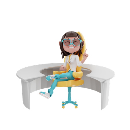 Businesswoman sitting in an office chair and a circular table  3D Icon