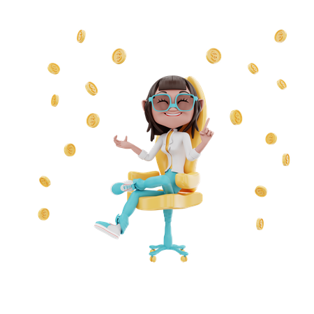 Businesswoman sitting in the office chair and coin  3D Illustration