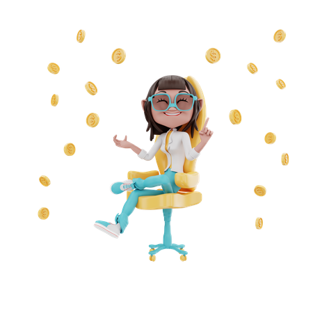 Businesswoman sitting in the office chair and coin 3D Illustration