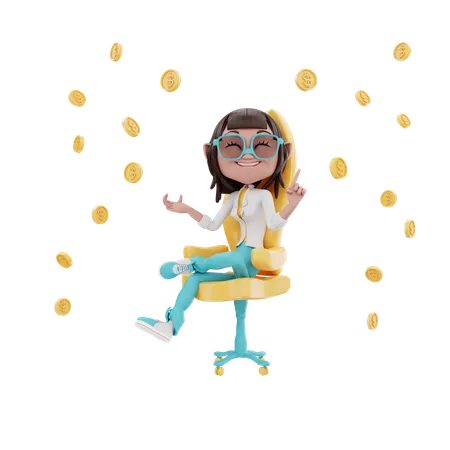 Businesswoman sitting in the office chair and coin  3D Illustration