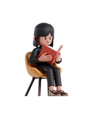 Businesswoman sitting on a chair and reading a book  3D Illustration