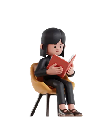 3 D Illustration Of Cartoon Businesswoman Sitting On A Chair And Reading A Book 3D Illustration