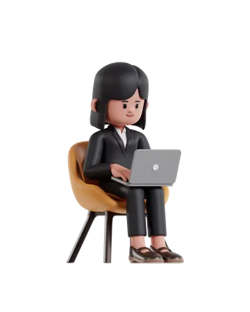 Businesswoman sitting on a chair and working on a laptop  3D Illustration