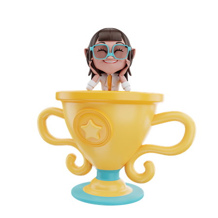Businesswoman smile on the trophy  3D Icon