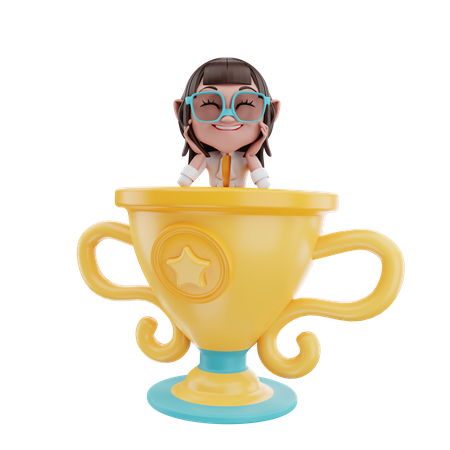 Businesswoman smile on the trophy 3D Illustration
