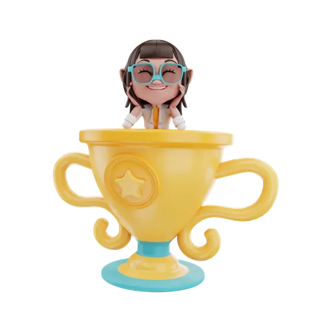 Businesswoman smile on the trophy 3D Illustration