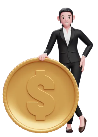 Businesswoman stand with dollar coin  3D Illustration