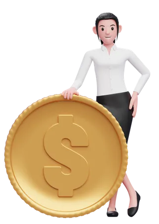 Businesswoman stand with dollar coin  3D Illustration