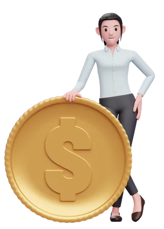 Business Woman In Blue Shirt Standing With Legs Crossed And Holding Coin 3 D Illustration Of A Business Woman In Blue Shirt Holding Dollar Coin 3D Illustration