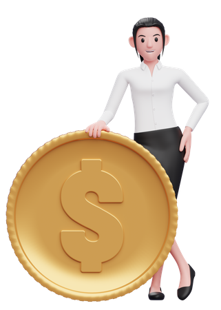 Businesswoman stand with dollar coin 3D Illustration