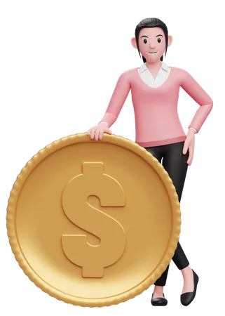 Businesswoman In Pink Sweater Stand With Dollar Coin 3 D Illustration Of A Business Woman In Sweater Holding Dollar Coin 3D Illustration