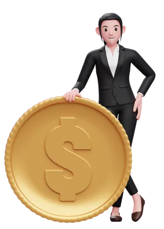 Business Woman In A Black Suit Standing With Legs Crossed And Holding Coin 3 D Illustration Of A Business Woman In A Black Suit Holding Dollar Coin 3D Illustration
