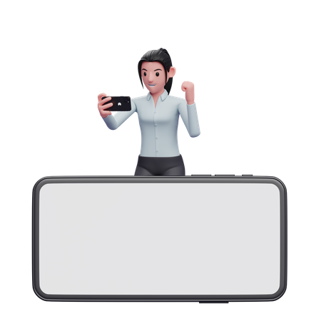Businesswoman standing behind phone while celebrating  3D Icon