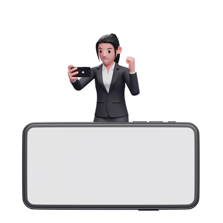 Businesswoman standing behind phone while celebrating  3D Icon