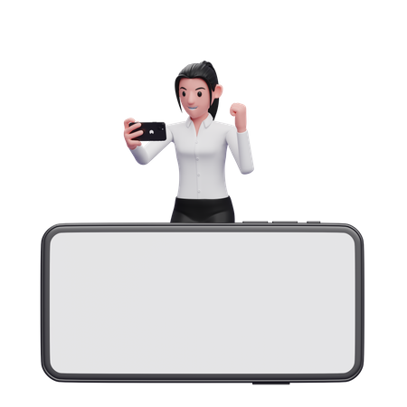 Businesswoman standing behind phone while celebrating  3D Icon