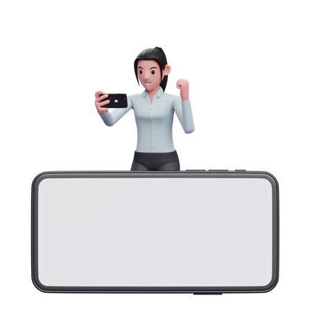 Businesswoman standing behind phone while celebrating  3D Illustration