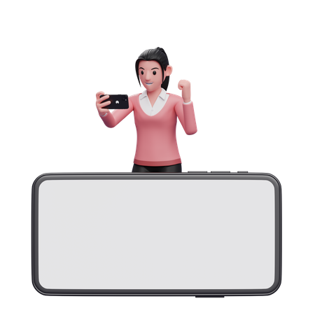 Businesswoman standing behind phone while celebrating  3D Illustration