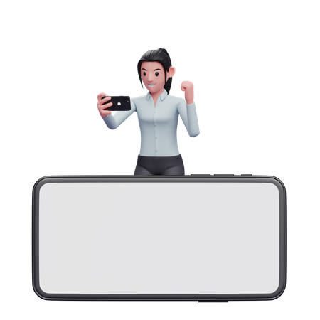 Businesswoman standing behind phone while celebrating 3D Illustration