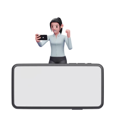 Businesswoman Standing Behind A Large Landscape Cellphone While Celebrating 3 D Render Character Illustration 3D Illustration