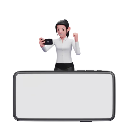 Cute Girl Standing Behind A Large Landscape Cellphone While Celebrating 3 D Render Character Illustration 3D Illustration