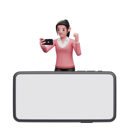 Businesswoman standing behind phone while celebrating 3D Illustration