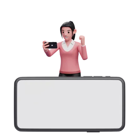 Girl In Sweatshirt Standing Behind A Large Landscape Cellphone While Celebrating 3 D Render Character Illustration 3D Illustration