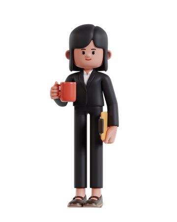 Businesswoman standing holding coffee cup and clipboard  3D Illustration