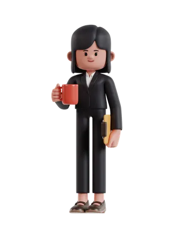 3 D Illustration Of Cartoon Businesswoman Standing Holding Coffee Cup And Clipboard 3D Illustration