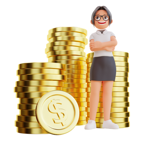 Businesswoman Standing With Dollar Coin  3D Illustration