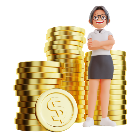 Businesswoman Standing With Dollar Coin  3D Illustration
