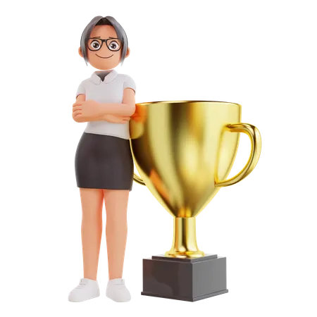 Businesswoman standing with trophy  3D Illustration