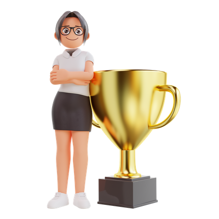 Businesswoman standing with trophy  3D Illustration