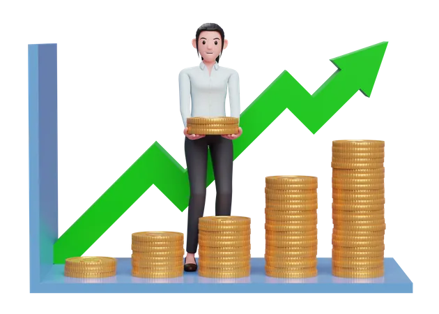 Business Woman In Blue Dress Making Statistical Bar Chart With Pile Of Gold Coins 3D Illustration