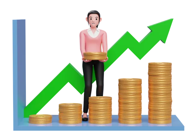 Businesswoman In Pink Sweater Taking Profit From Investment Growth 3 D Illustration Of A Business Woman In Pink Sweater Holding Dollar Coin 3D Illustration