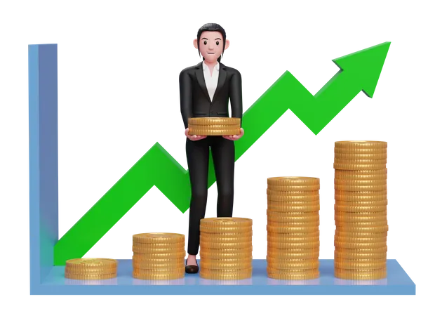 Businesswoman In Formal Suit Taking Profit From Investment Growth 3 D Illustration Of A Business Woman Black Suit Sweater Holding Dollar Coin 3D Illustration