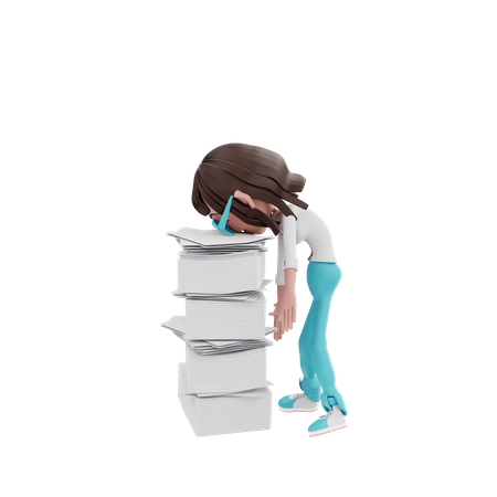 Businesswoman tired with many files  3D Illustration
