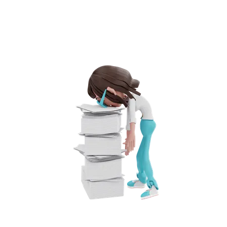Businesswoman tired with many files  3D Illustration