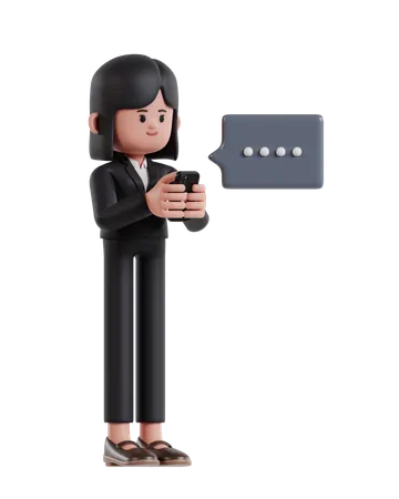 3 D Illustration Of Cartoon Businesswoman Typing Message On Cell Phone 3D Illustration