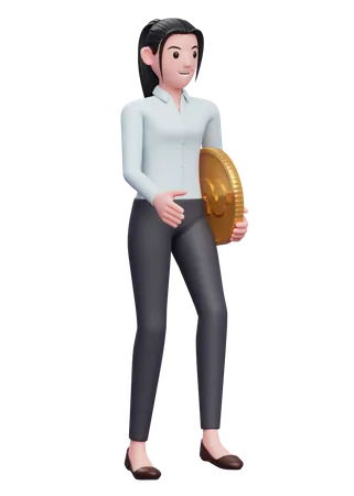 Business Woman In Blue Shirt Walking While Carrying Coins 3 D Illustration Of A Business Woman In Blue Shirt Holding Dollar Coin 3D Illustration