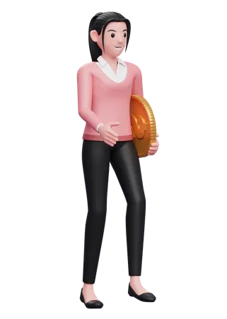 Businesswoman In Pink Sweater Walk With Dollar Coin 3 D Illustration Of A Business Woman In Sweater Holding Dollar Coin 3D Illustration