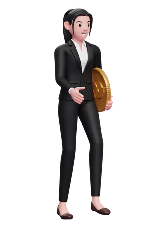 Business Woman In A Black Suit Walking While Carrying Coins 3 D Illustration Of A Business Woman In A Black Suit Holding Dollar Coin 3D Illustration