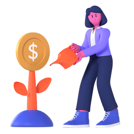 Businesswoman Watering Dollar Plant  3D Icon