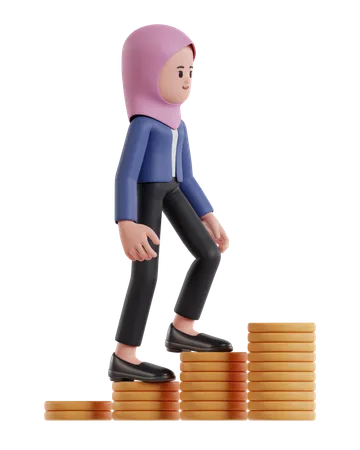 Businesswoman wearing a hijab climbing up on chart of dollar coins  3D Illustration