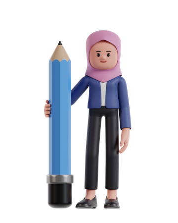 Businesswoman wearing a hijab holding big pencil  3D Illustration