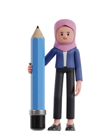 Businesswoman wearing a hijab holding big pencil  3D Illustration