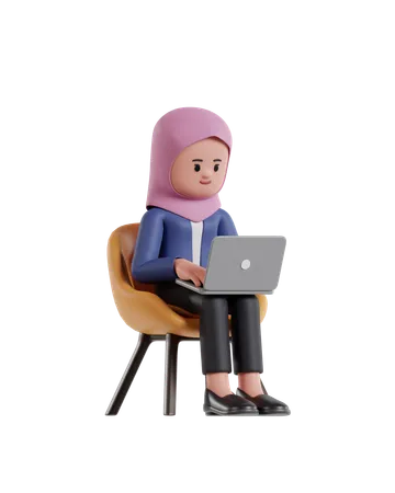 Businesswoman wearing a hijab sitting on a chair and working on a laptop  3D Illustration